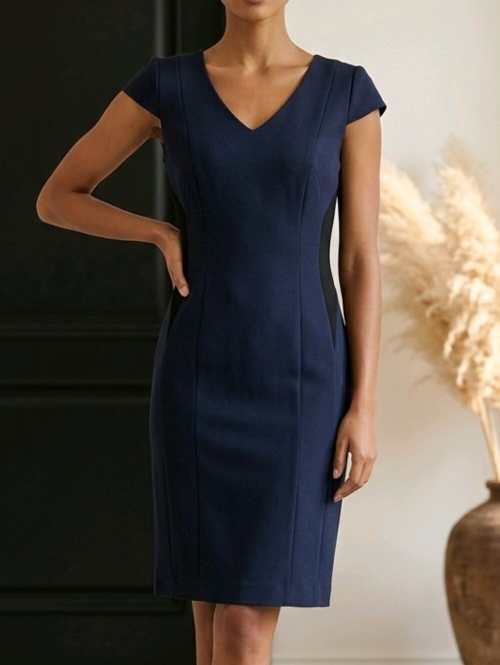 ANTONIO MELANI Navy V-Neck Cap Sleeve Sheath Dress Black Side And Back Detail